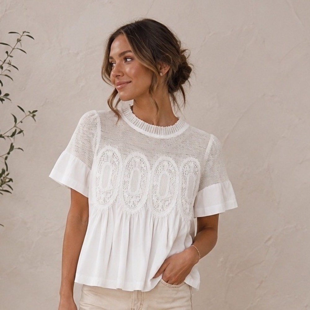 Anthropologie en elly Top Crochet Lace Mesh Swing Babydoll Womens XSP White